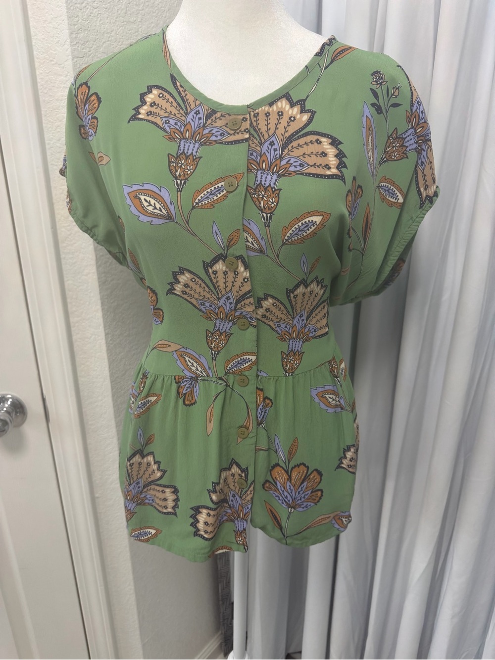 Masai Copenhagen Idali Green Floral Peplum Swing Blouse Top Size L